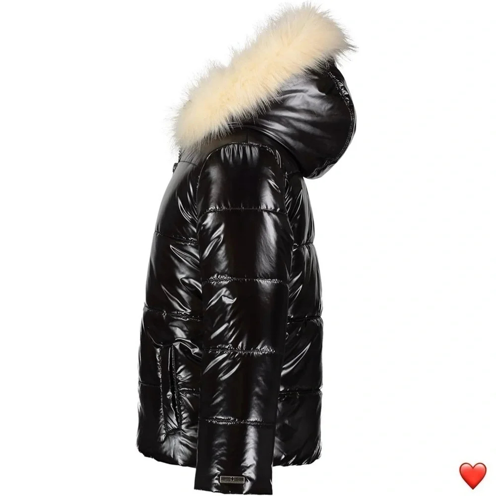 Hudson Kids Puffer Jacket Girls XL (16) High Gloss Deep Black Faux Fur New NWT